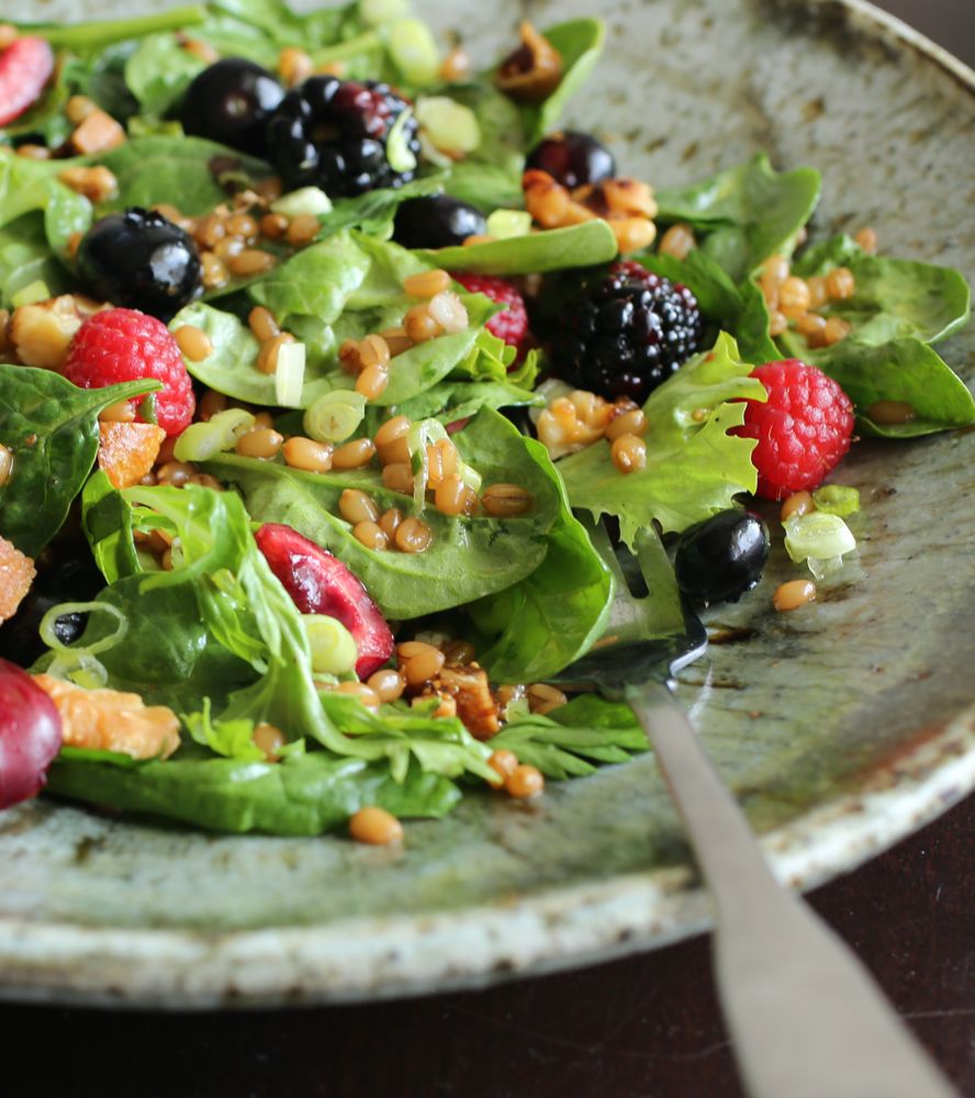 Spinach and Wheatberry Salad with Miso-Gomashio Vinaigrette
