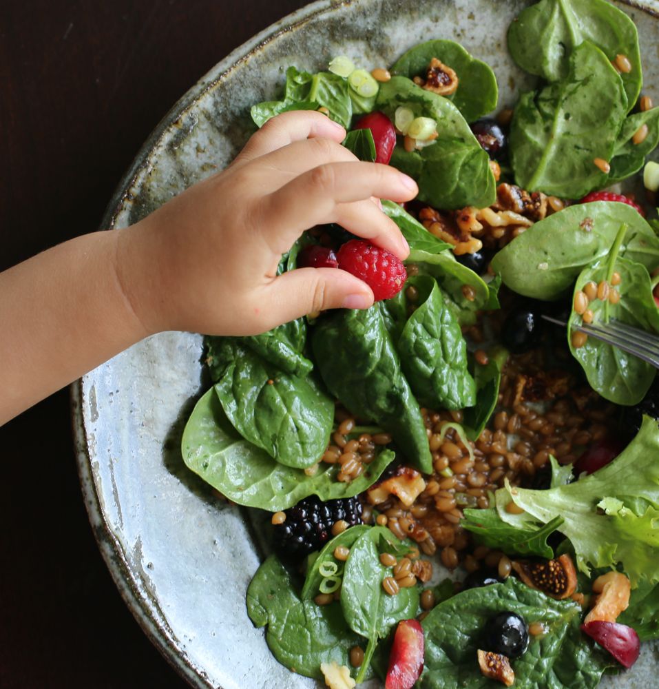 Spinach and Wheatberry Salad with Miso-Gomashio Vinaigrette