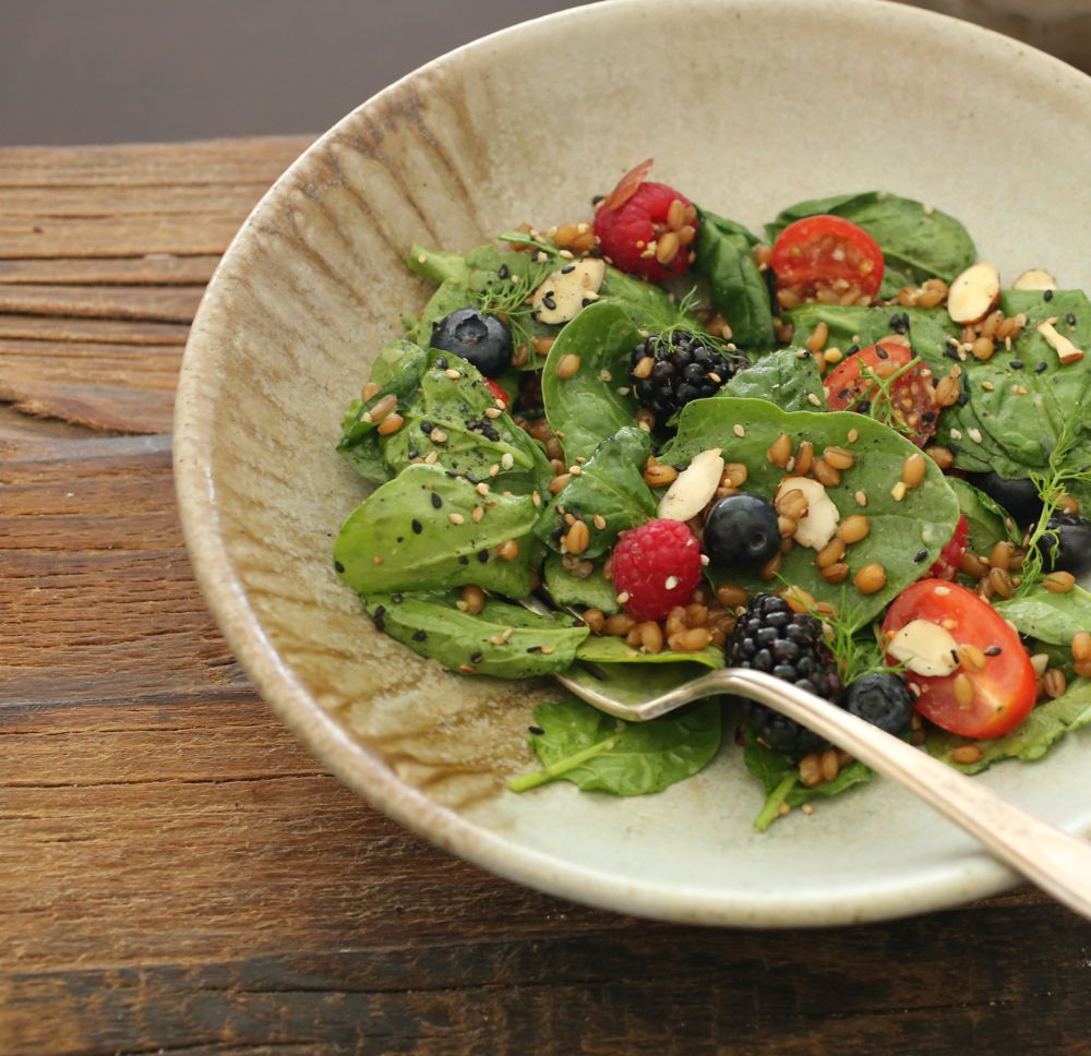 Spinach and Wheat Berry Salad with Miso-Gomashio Vinaigrette